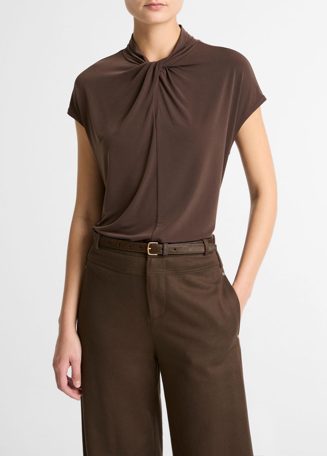 VINCE Twist-Neck Matte Jersey Cap-Sleeve Top  in Short Sleeve