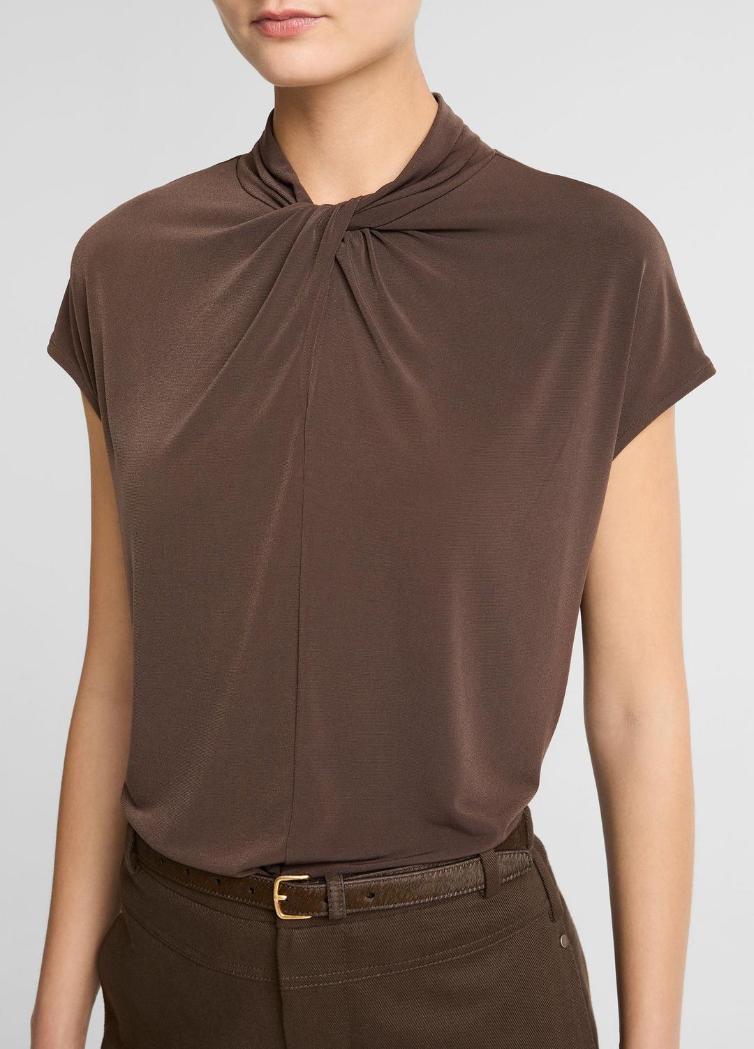 VINCE Twist-Neck Matte Jersey Cap-Sleeve Top  in Short Sleeve