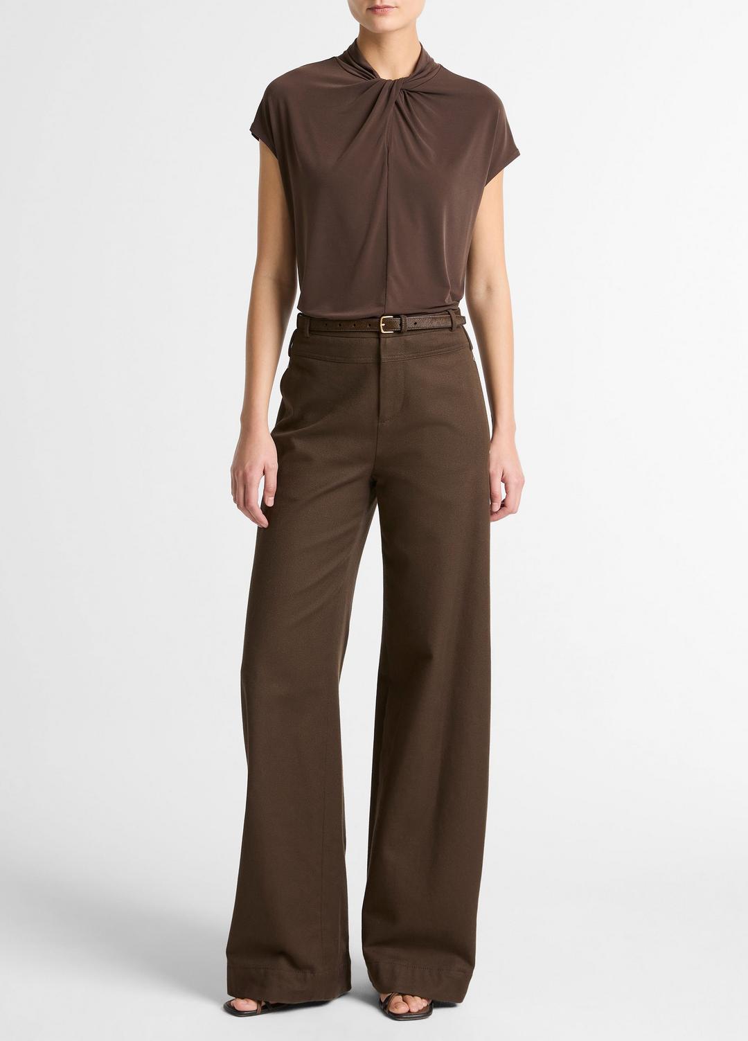 VINCE Twist-Neck Matte Jersey Cap-Sleeve Top  in Short Sleeve