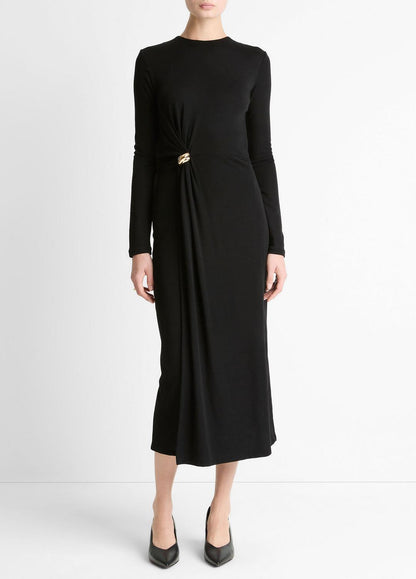 VINCE Cinched-Waist Wool-Blend Long-Sleeve Dress in Dresses