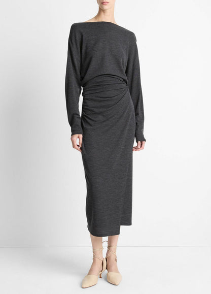 VINCE Draped-Waist Wool-Blend Midi Skirt in Skirts