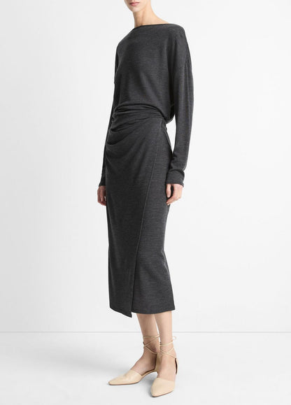 VINCE Draped-Waist Wool-Blend Midi Skirt in Skirts