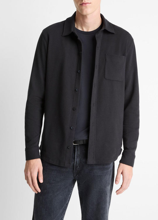 VINCE Knit Cotton-Blend Button-Front Shirt in Long Sleeve