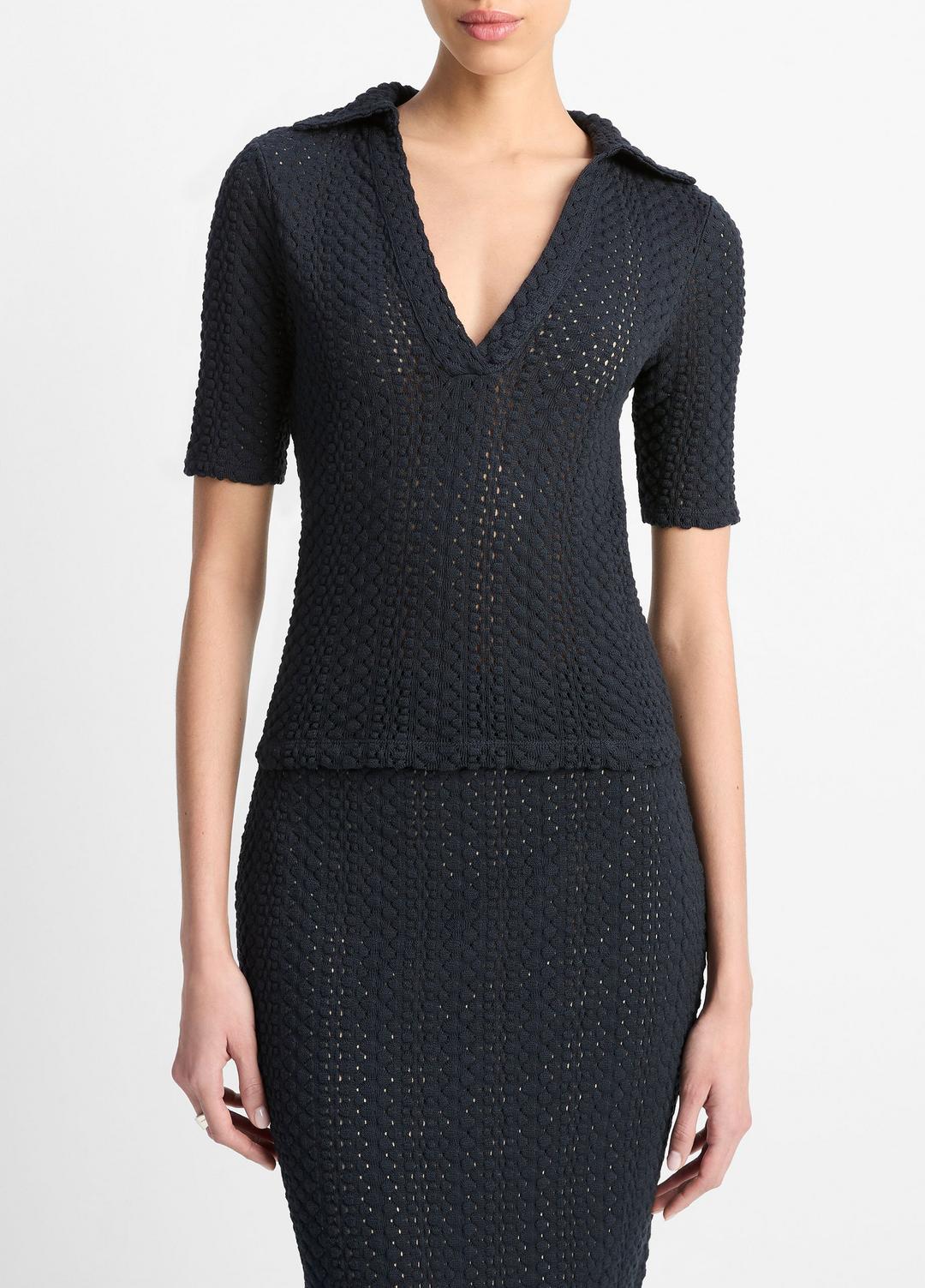 VINCE Textural Cotton Elbow-Sleeve Polo Top in Shirts & Tees