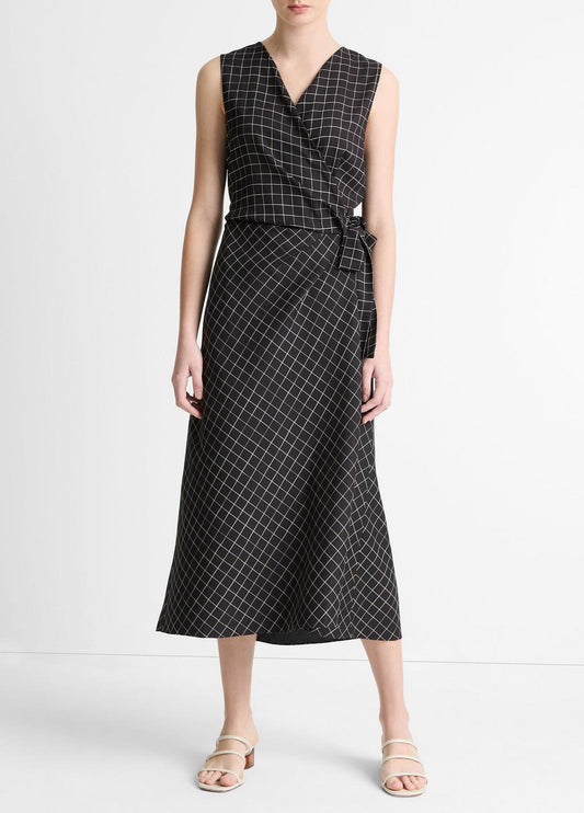 VINCE Trellis Plaid Draped Sleeveless Wrap Dress in Dresses & Skirts