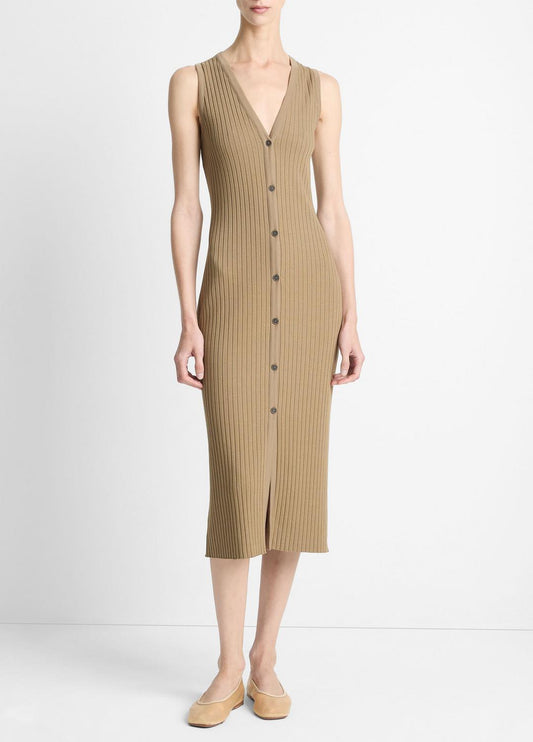 VINCE Ribbed Cotton-Blend Button-Front Dress in Dresses & Skirts